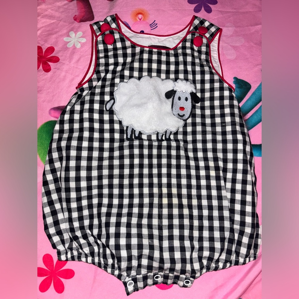 Black and White Checkered Kids Bodysuit with Sheep Design